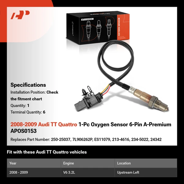2008-2009 Audi TT Quattro 1-Pc Oxygen Sensor 6-Pin A-Premium APOS0153