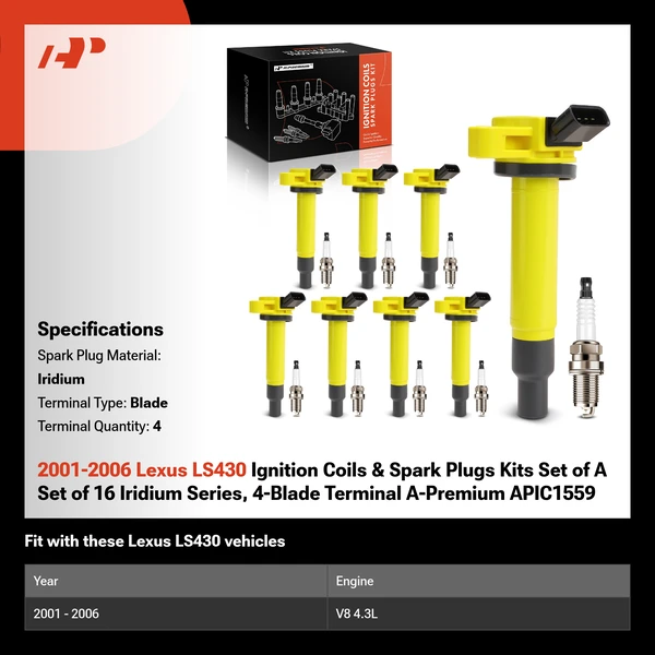 2001-2006 Lexus LS430 Ignition Coils & Spark Plugs Kits Set of 16 Iridium Series, 4-Blade Terminal A-Premium APIC1559