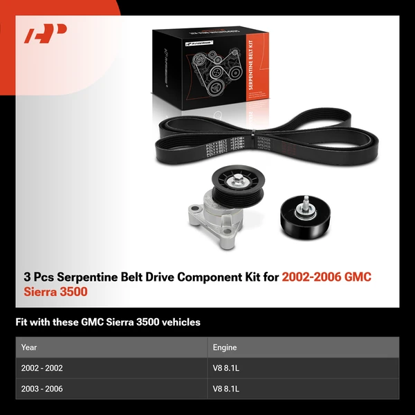 3 Pcs Serpentine Belt Drive Component Kit for 2002-2006 GMC Sierra 3500