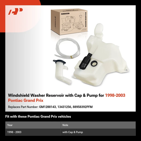 Windshield Washer Reservoir with Cap & Pump for 1998-2003 Pontiac Grand Prix