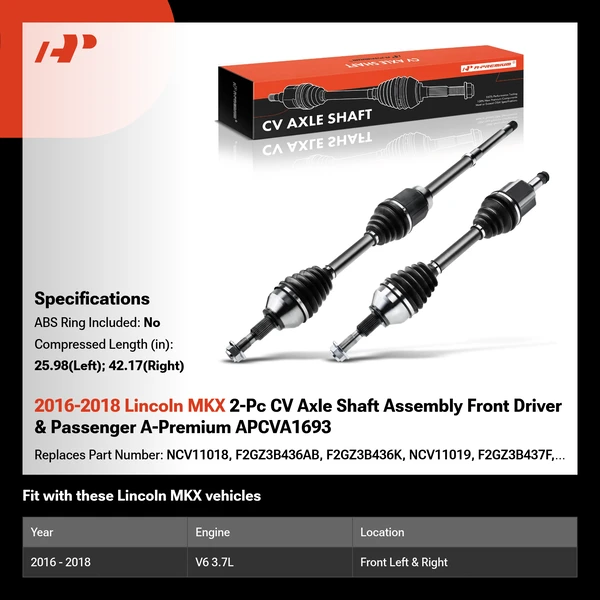 2016-2018 Lincoln MKX 2-Pc CV Axle Shaft Assembly Front Driver & Passenger A-Premium APCVA1693