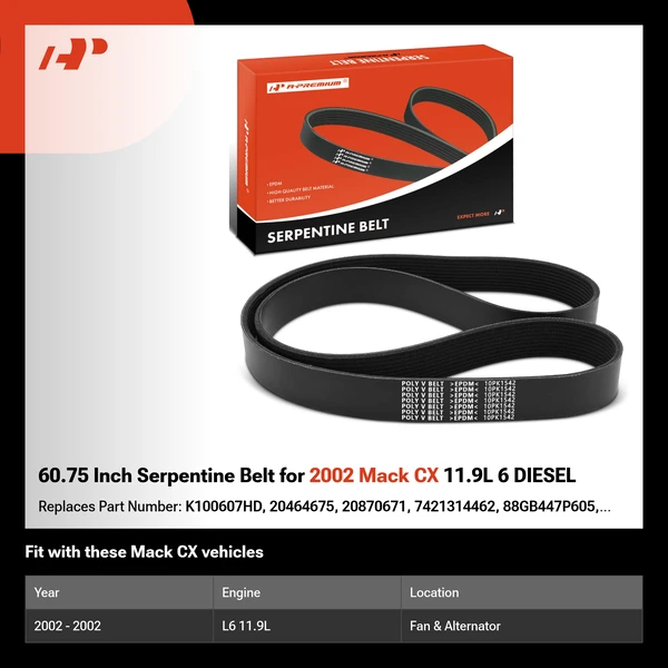 60.75 Inch Serpentine Belt for 2002 Mack CX 11.9L 6 DIESEL