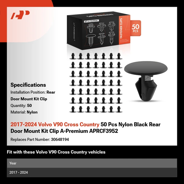2017-2024 Volvo V90 Cross Country 50 Pcs Nylon Black Rear Door Mount Kit Clip A-Premium APRCF3952
