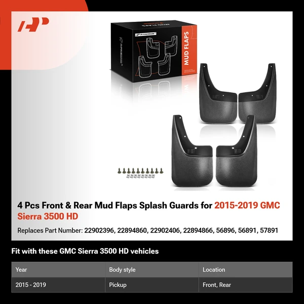 4 Pcs Front & Rear Mud Flaps Splash Guards for 2015-2019 GMC Sierra 3500 HD