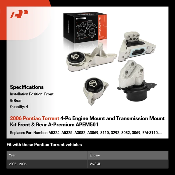 2006 Pontiac Torrent 4-Pc Engine Mount and Transmission Mount Kit Front & Rear A-Premium APEM501