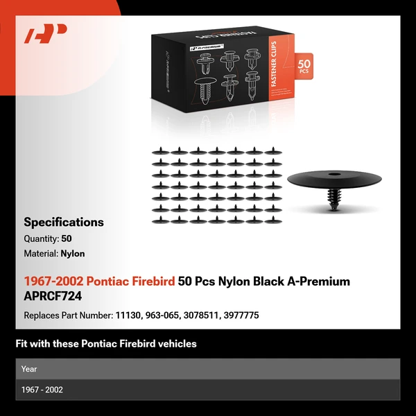 1967-2002 Pontiac Firebird 50 Pcs Nylon Black A-Premium APRCF724
