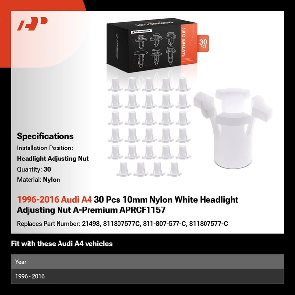 1996-2016 Audi A4 30 Pcs 10mm Nylon White Headlight Adjusting Nut A-Premium APRCF1157