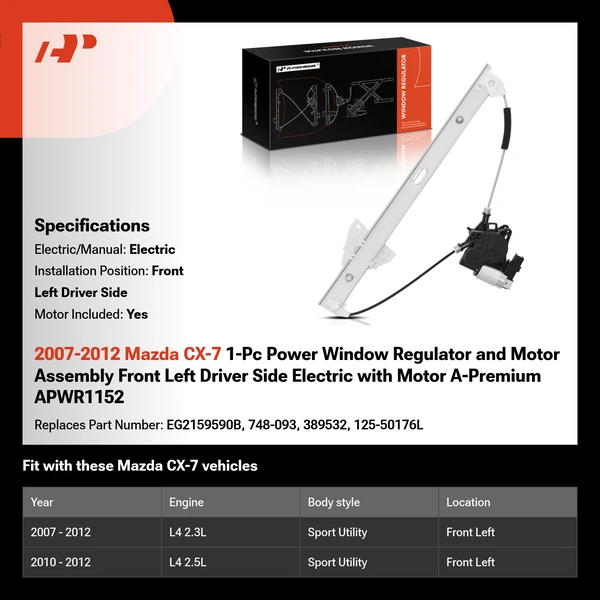 2007-2012 Mazda CX-7 1-Pc Power Window Regulator and Motor Assembly Front Left Driver Side Electric with Motor A-Premium APWR1152