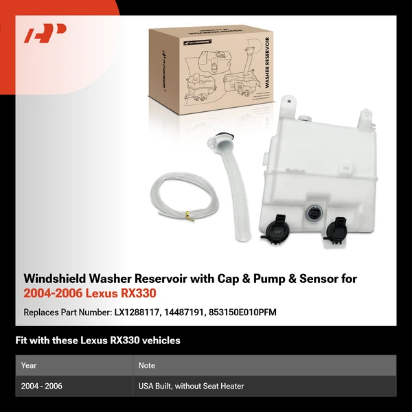 Windshield Washer Reservoir with Cap & Pump & Sensor for 2004-2006 Lexus RX330