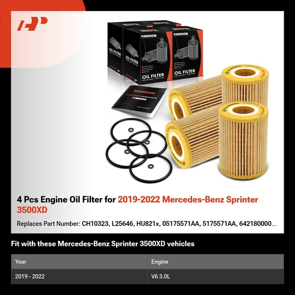 4 Pcs Engine Oil Filter for 2019-2022 Mercedes-Benz Sprinter 3500XD