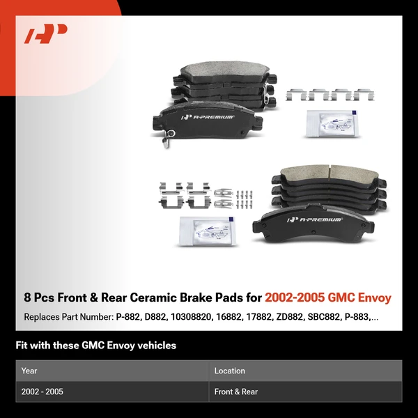 8 Pcs Front & Rear Ceramic Brake Pads for 2002-2005 GMC Envoy