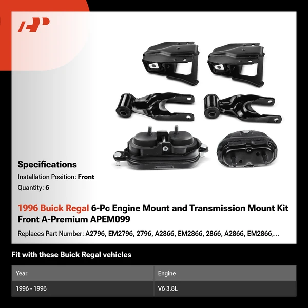 1996 Buick Regal 6-Pc Engine Mount and Transmission Mount Kit Front A-Premium APEM099