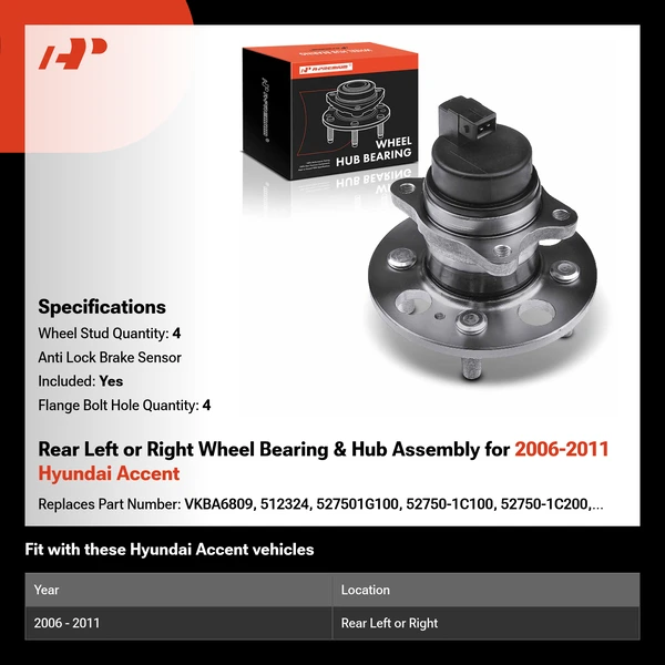 Rear Left or Right Wheel Bearing & Hub Assembly for 2006-2011 Hyundai Accent