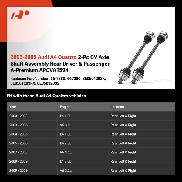 2003-2009 Audi A4 Quattro 2-Pc CV Axle Shaft Assembly Rear Driver & Passenger A-Premium APCVA1594