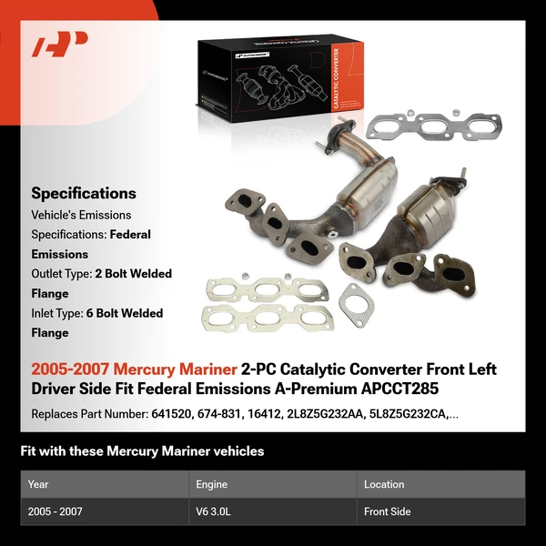 2005-2007 Mercury Mariner 2-PC Catalytic Converter Front Left Driver Side Fit Federal Emissions A-Premium APCCT285