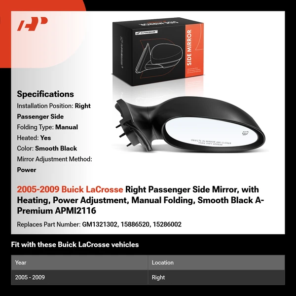 2005-2009 Buick LaCrosse Right Passenger Side Mirror, with Heating, Power Adjustment, Manual Folding, Smooth Black A-Premium APMI2116