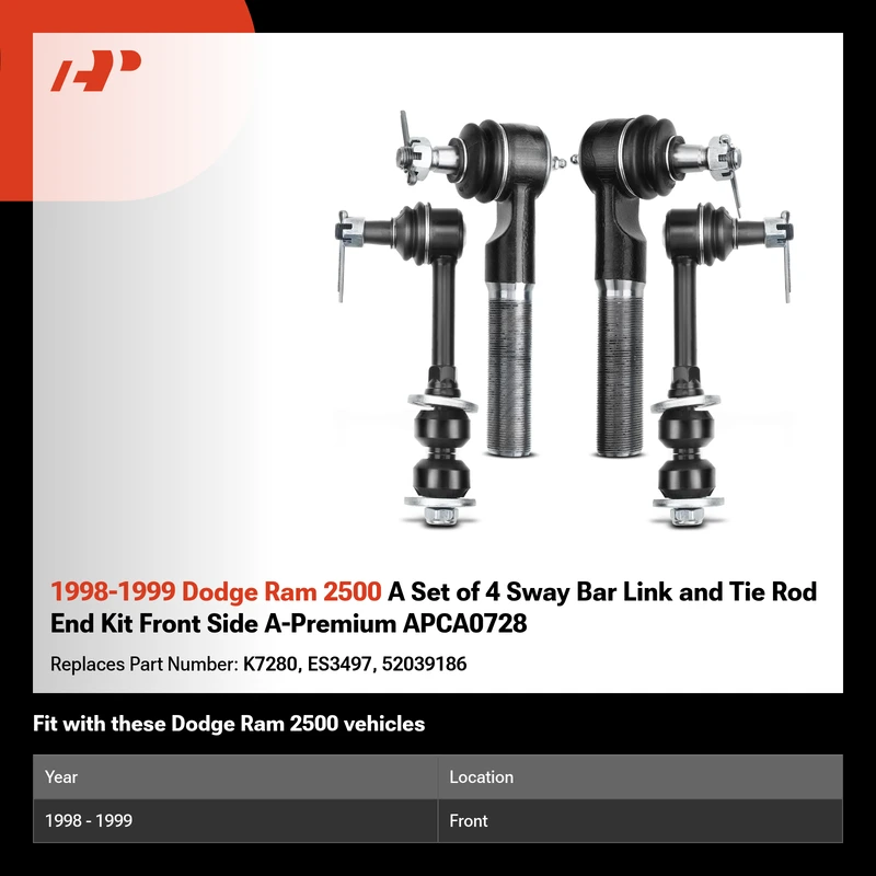 1998-1999 Dodge Ram 2500 A Set of 4 Sway Bar Link and Tie Rod End Kit Front Side A-Premium APCA0728