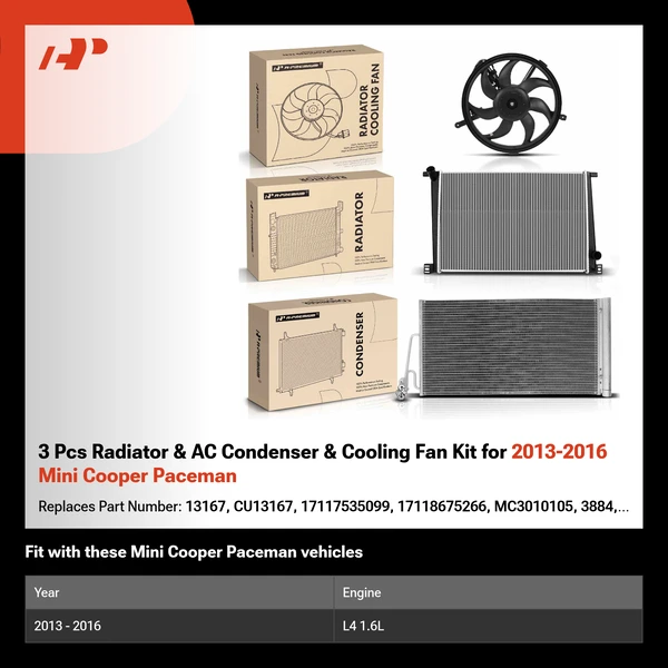 3 Pcs Radiator & AC Condenser & Cooling Fan Kit for 2013-2016 Mini Cooper Paceman