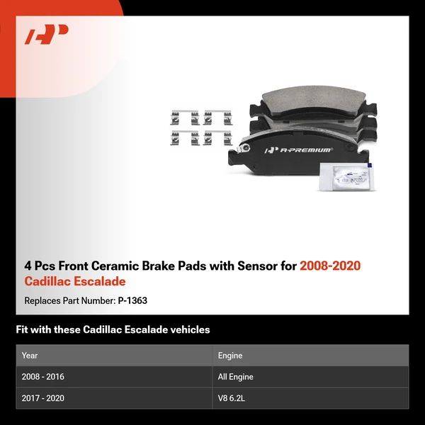 4 Pcs Front Ceramic Brake Pads with Sensor for 2008-2020 Cadillac Escalade