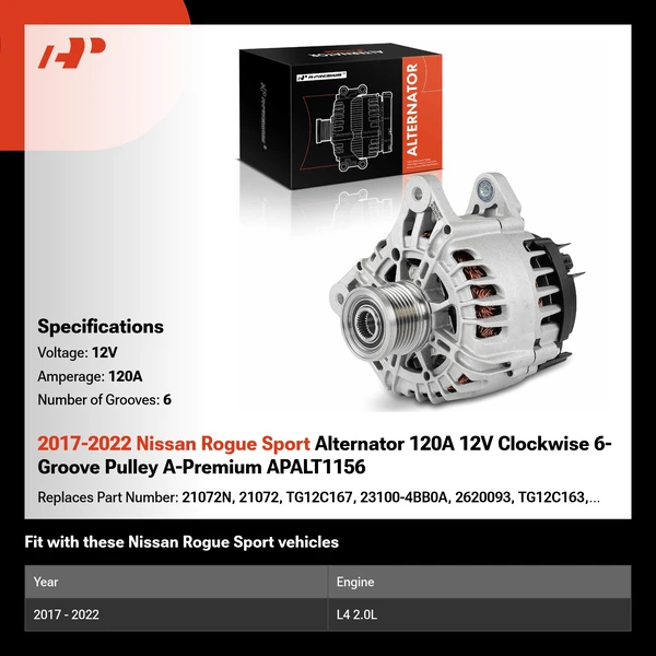 2017-2022 Nissan Rogue Sport Alternator 120A 12V Clockwise 6-Groove Pulley A-Premium APALT1156