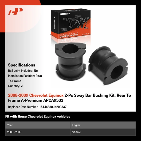 2008-2009 Chevrolet Equinox 2-Pc Sway Bar Bushing Kit, Rear To Frame A-Premium APCA9533