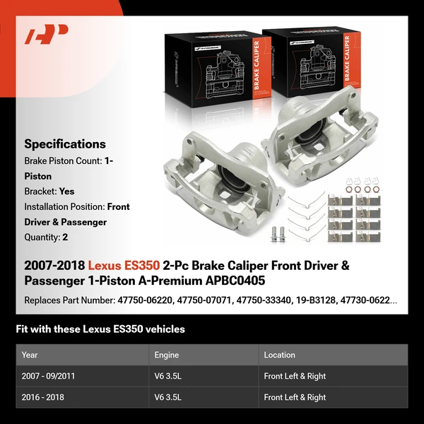 2007-2018 Lexus ES350 2-Pc Brake Caliper Front Driver & Passenger 1-Piston A-Premium APBC0405