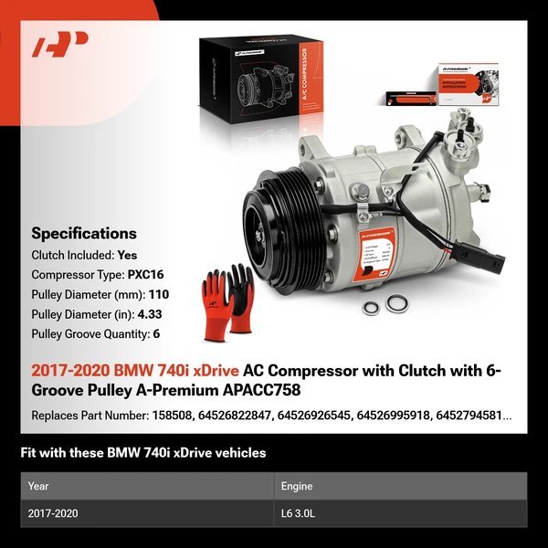 2017-2020 BMW 740i xDrive AC Compressor with Clutch with 6-Groove Pulley A-Premium APACC758