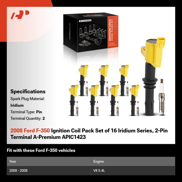 2008 Ford F-350 Ignition Coil Pack Set of 16 Iridium Series, 2-Pin Terminal A-Premium APIC1423