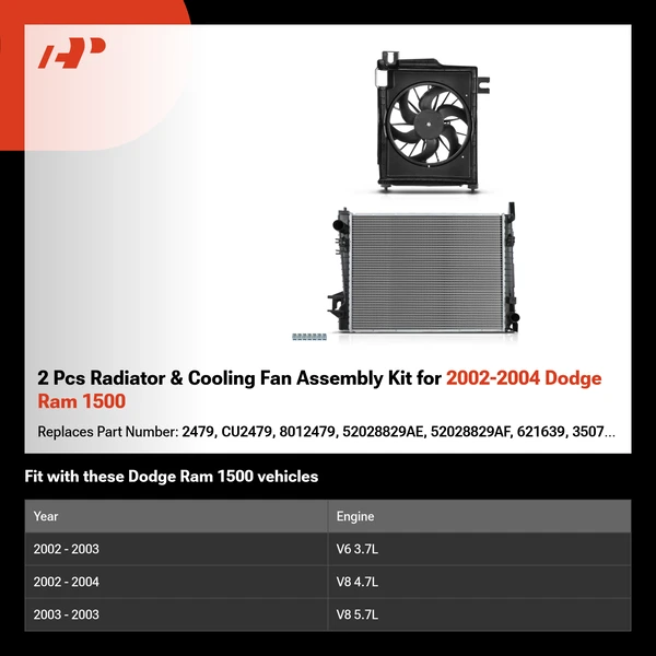 2 Pcs Radiator & Cooling Fan Assembly Kit for 2002-2004 Dodge Ram 1500