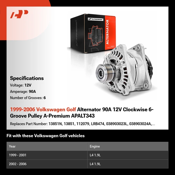 1999-2006 Volkswagen Golf Alternator 90A 12V Clockwise 6-Groove Pulley A-Premium APALT343