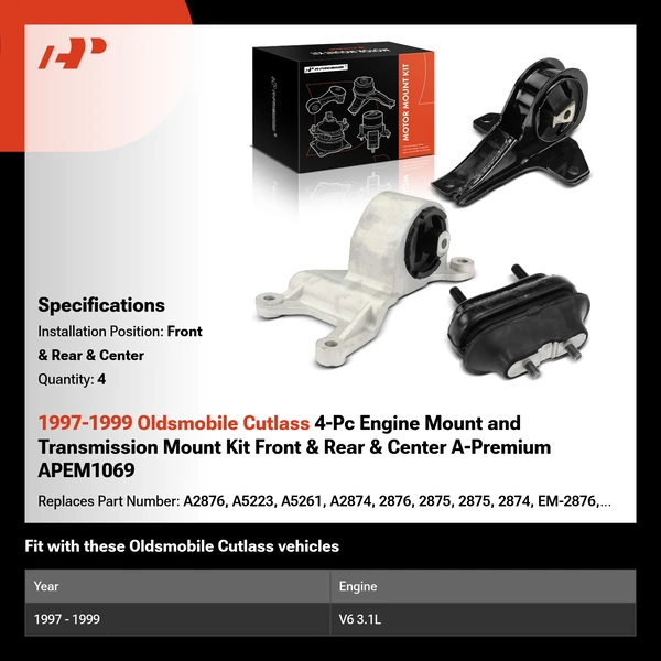 1997-1999 Oldsmobile Cutlass 4-Pc Engine Mount and Transmission Mount Kit Front & Rear & Center A-Premium APEM1069