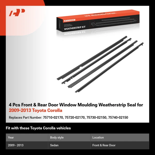 4 Pcs Front & Rear Door Window Moulding Weatherstrip Seal for 2009-2013 Toyota Corolla