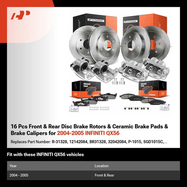 16 Pcs Front & Rear Disc Brake Rotors & Ceramic Brake Pads & Brake Calipers for 2004-2005 INFINITI QX56