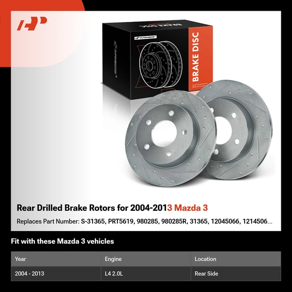 Rear Drilled Brake Rotors for 2004-2013 Mazda 3