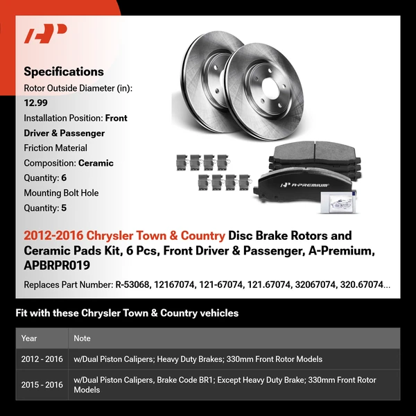 2012-2016 Chrysler Town & Country Disc Brake Rotors and Ceramic Pads Kit, 6 Pcs, Front Driver & Passenger, A-Premium, APBRPR019