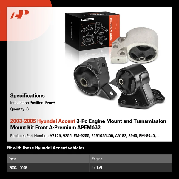 2003-2005 Hyundai Accent 3-Pc Engine Mount and Transmission Mount Kit Front A-Premium APEM632