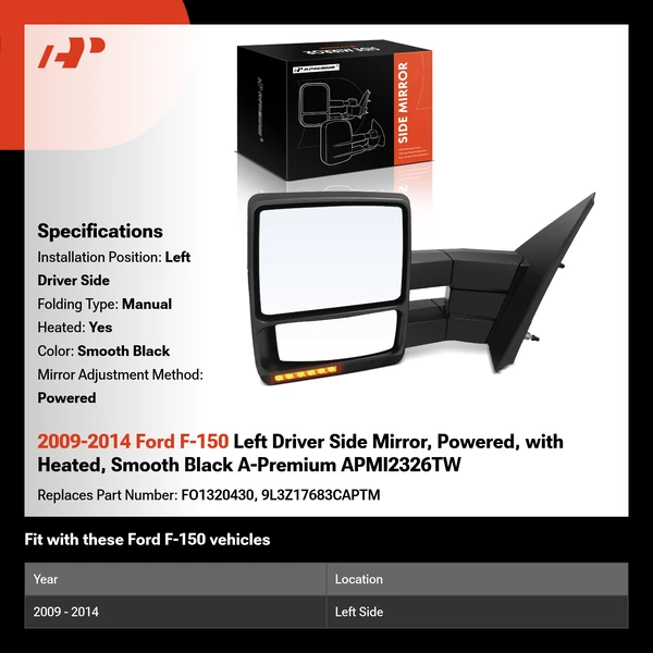 2009-2014 Ford F-150 Left Driver Side Mirror, Powered, with Heated, Smooth Black A-Premium APMI2326TW