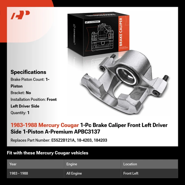 1983-1988 Mercury Cougar 1-Pc Brake Caliper Front Left Driver Side 1-Piston A-Premium APBC3137