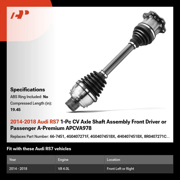 2014-2018 Audi RS7 1-Pc CV Axle Shaft Assembly Front Driver or Passenger A-Premium APCVA978