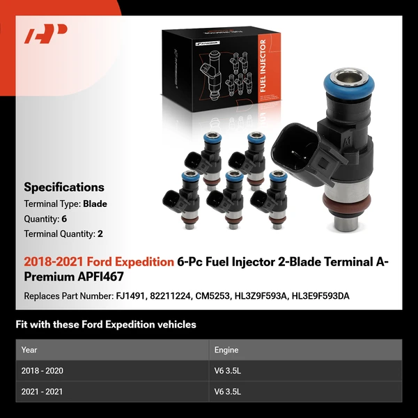 2018-2021 Ford Expedition 6-Pc Fuel Injector 2-Blade Terminal A-Premium APFI467