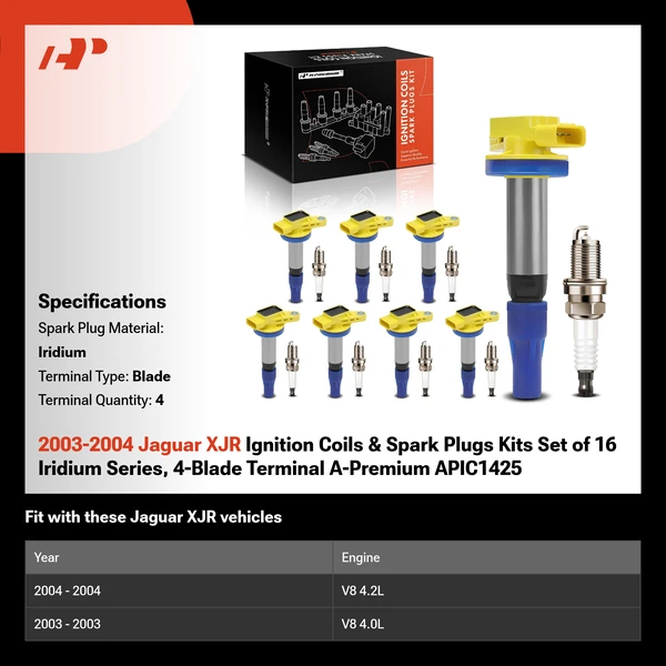 2003-2004 Jaguar XJR Ignition Coils & Spark Plugs Kits Set of 16 Iridium Series, 4-Blade Terminal A-Premium APIC1425