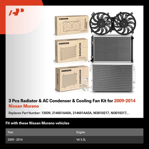 3 Pcs Radiator & AC Condenser & Cooling Fan Kit for 2009-2014 Nissan Murano