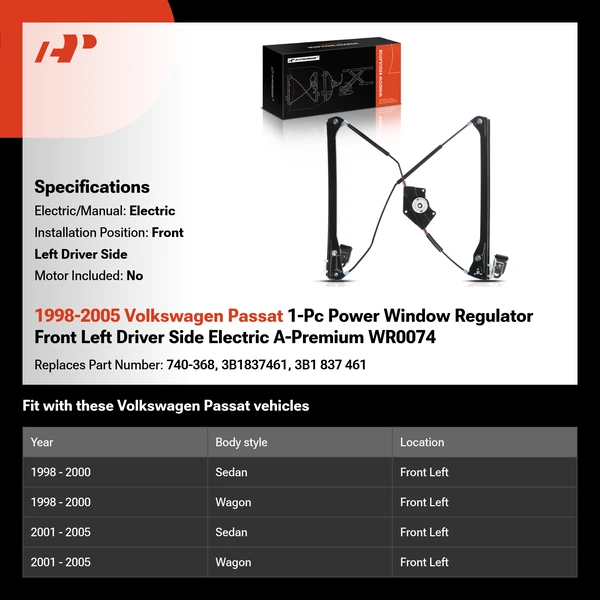 1998-2005 Volkswagen Passat 1-Pc Power Window Regulator Front Left Driver Side Electric A-Premium WR0074