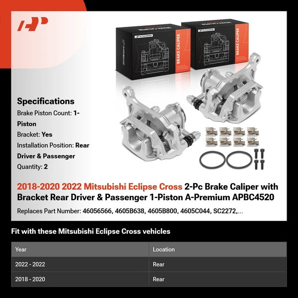 2018-2020 2022 Mitsubishi Eclipse Cross 2-Pc Brake Caliper with Bracket Rear Driver & Passenger 1-Piston A-Premium APBC4520