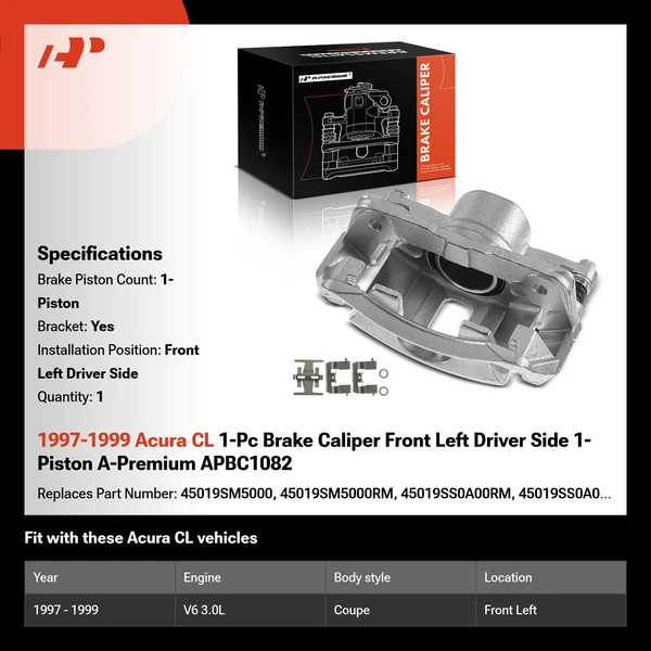 1997-1999 Acura CL 1-Pc Brake Caliper Front Left Driver Side 1-Piston A-Premium APBC1082