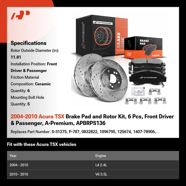 2004-2010 Acura TSX Brake Pad and Rotor Kit, 6 Pcs, Front Driver & Passenger, A-Premium, APBRPS136