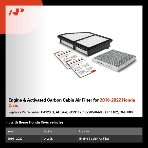 Engine & Activated Carbon Cabin Air Filter for 2016-2022 Honda Civic