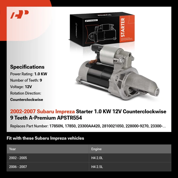 2002-2007 Subaru Impreza Starter 1.0 KW 12V Counterclockwise 9 Teeth A-Premium APSTR554