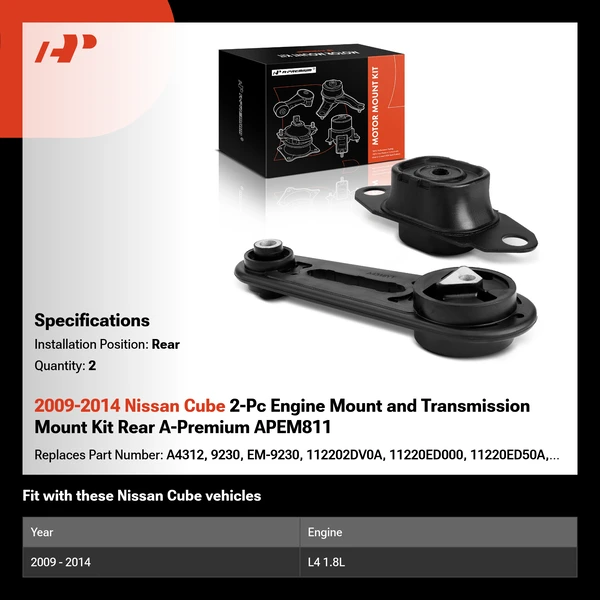 2009-2014 Nissan Cube 2-Pc Engine Mount and Transmission Mount Kit Rear A-Premium APEM811