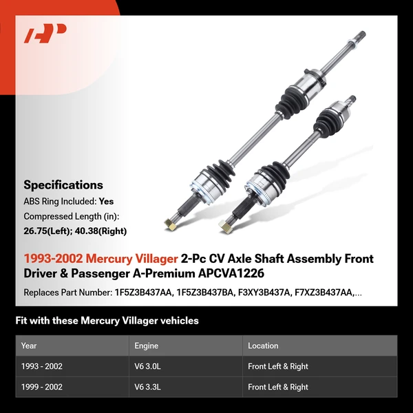 1993-2002 Mercury Villager 2-Pc CV Axle Shaft Assembly Front Driver & Passenger A-Premium APCVA1226